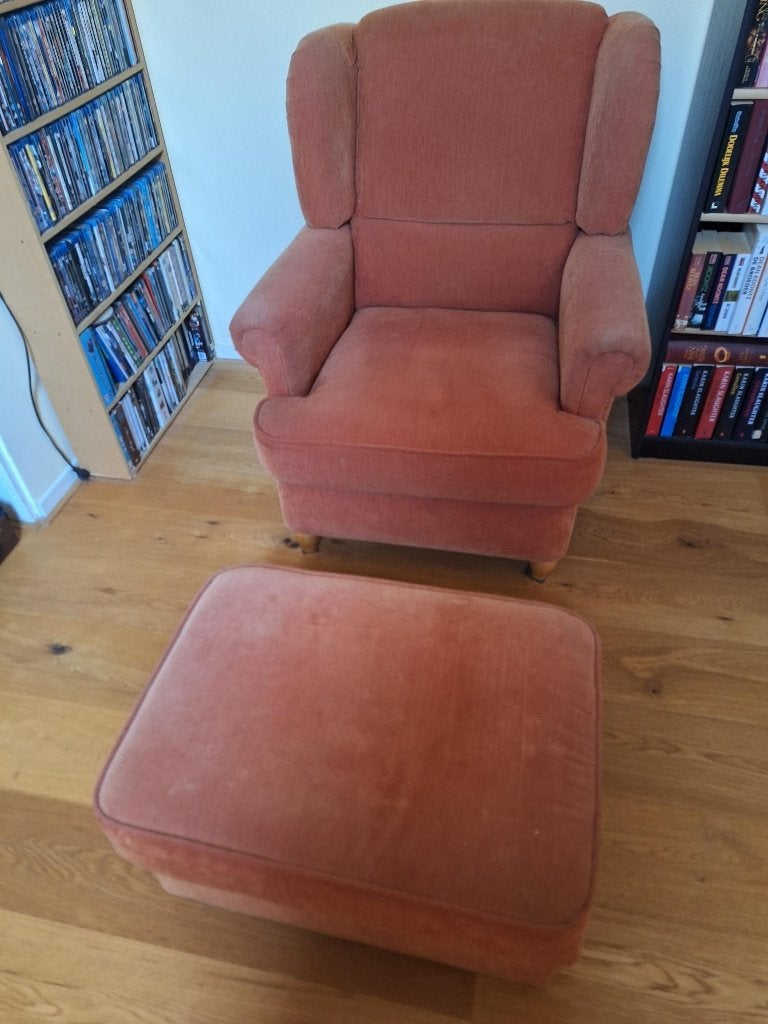 Oranje/terracotta fauteuil plus voetenbankje, Huis en Inrichting, Fauteuils, Ophalen, Gebruikt, 75 tot 100 cm, 75 tot 100 cm