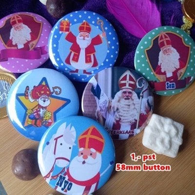 sinterklaas buttons 58mm glans ook met eigen naam NIEUW, Ophalen of Verzenden, Nieuw