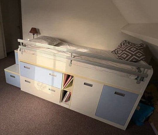 Disney Small World hoog bed met opbergruimte en trap, Gebruikt, 90 cm, Eenpersoons, Wit