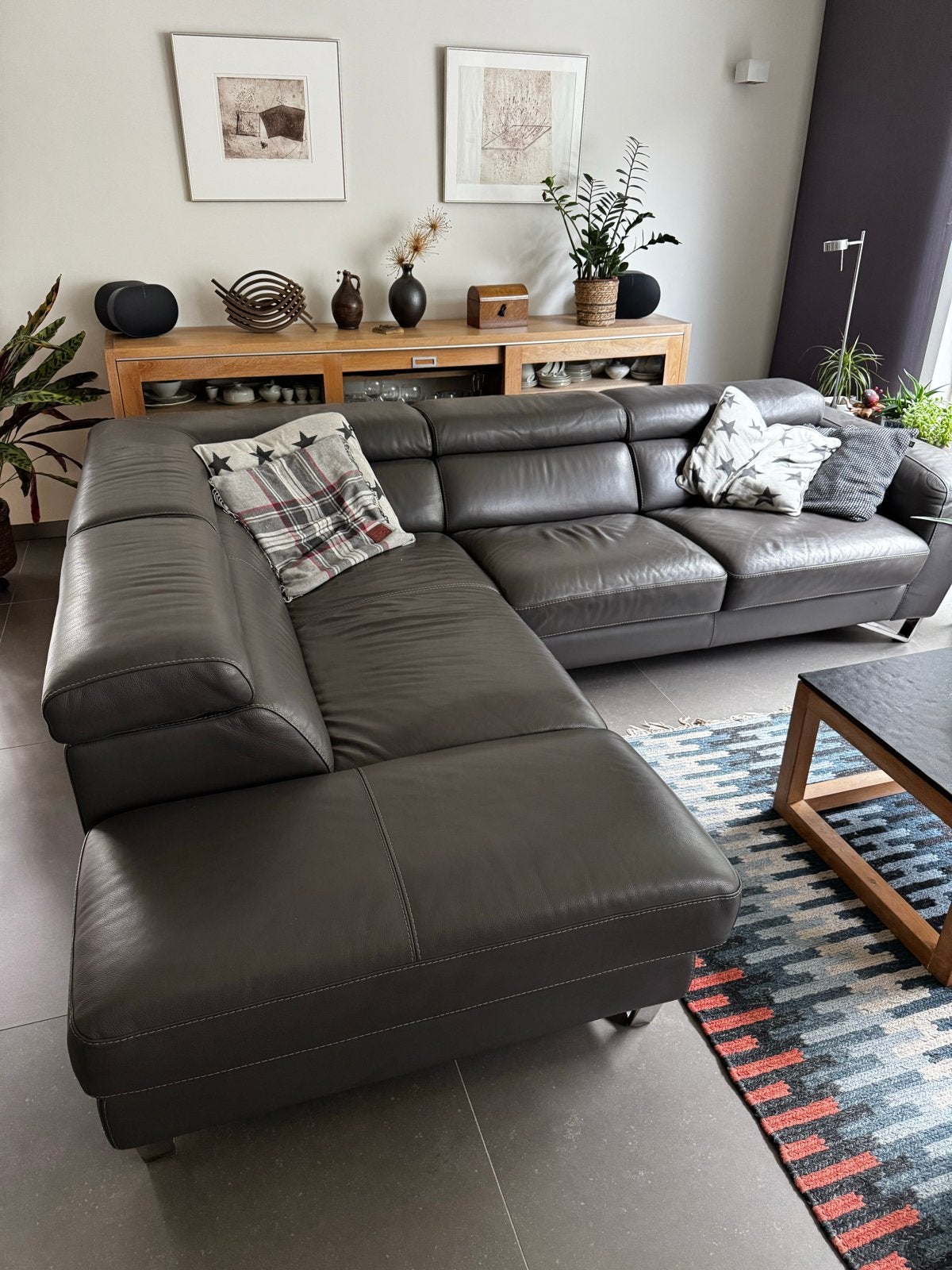 Bank Canta Met Chaise Longue donker muisgrijs leer, Huis en Inrichting, Ophalen, 250 tot 300 cm, Gebruikt, Driepersoons