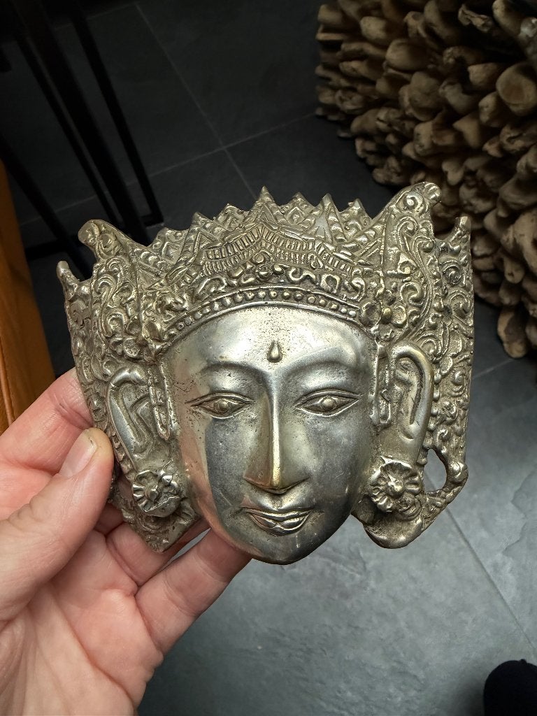 Durga Hindoe brons verzilverd masker bescherming boeddha, Verburgt Vintage, Massief, 10 cm, Ophalen of Verzenden