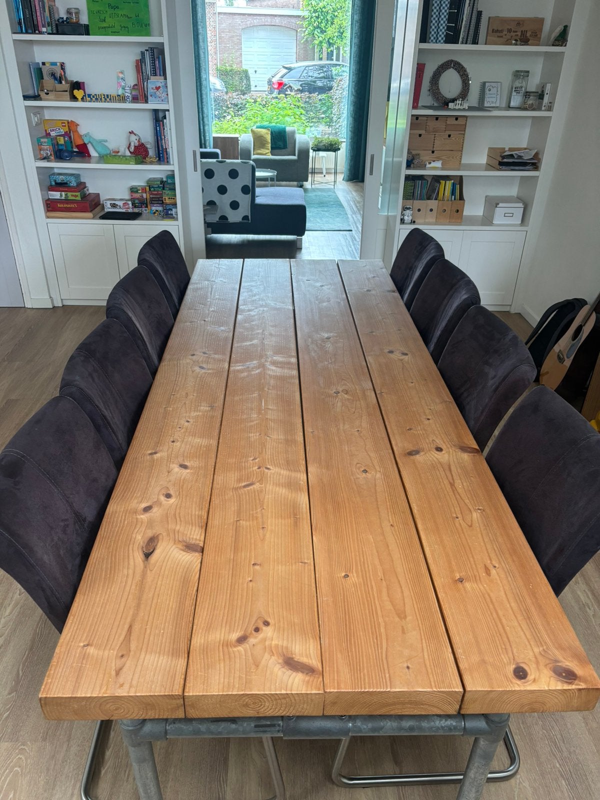 Houten eettafel met steigerbuis onderstel, Huis en Inrichting, Tafels | Eettafels, Ophalen, 200 cm of meer, 50 tot 100 cm, Zo goed als nieuw