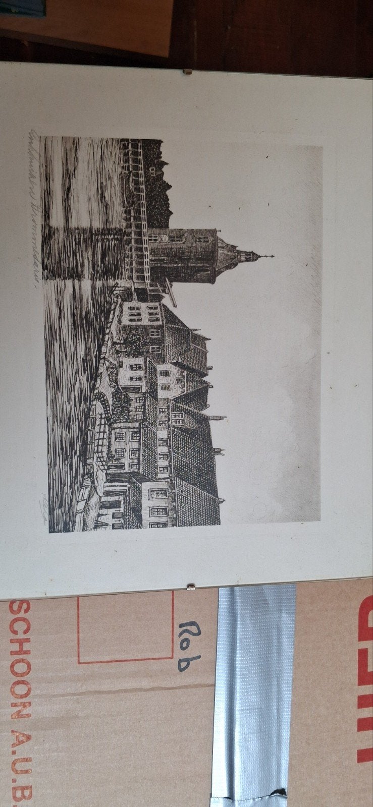 Oude pentekening van enkhuizen gesigneerd, Ophalen of Verzenden, Tekening, Pentekening, Gesigneerd