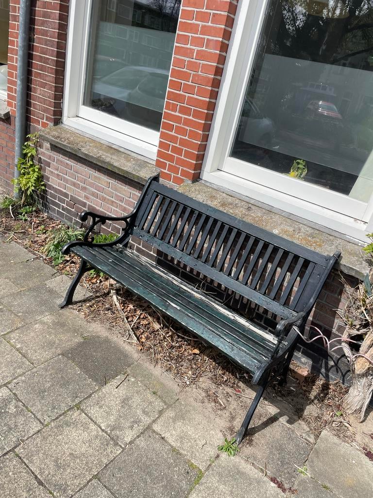 Robuust ijzeren en houten buitenbankje, Ophalen, Gebruikt, Hout
