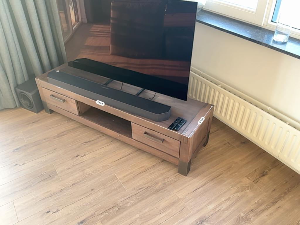 Zwaar en Robuust Massief Houten TV-Meubel (Industr ~164 cm), Huis en Inrichting, Kasten | Televisiemeubels, Ophalen, Gebruikt