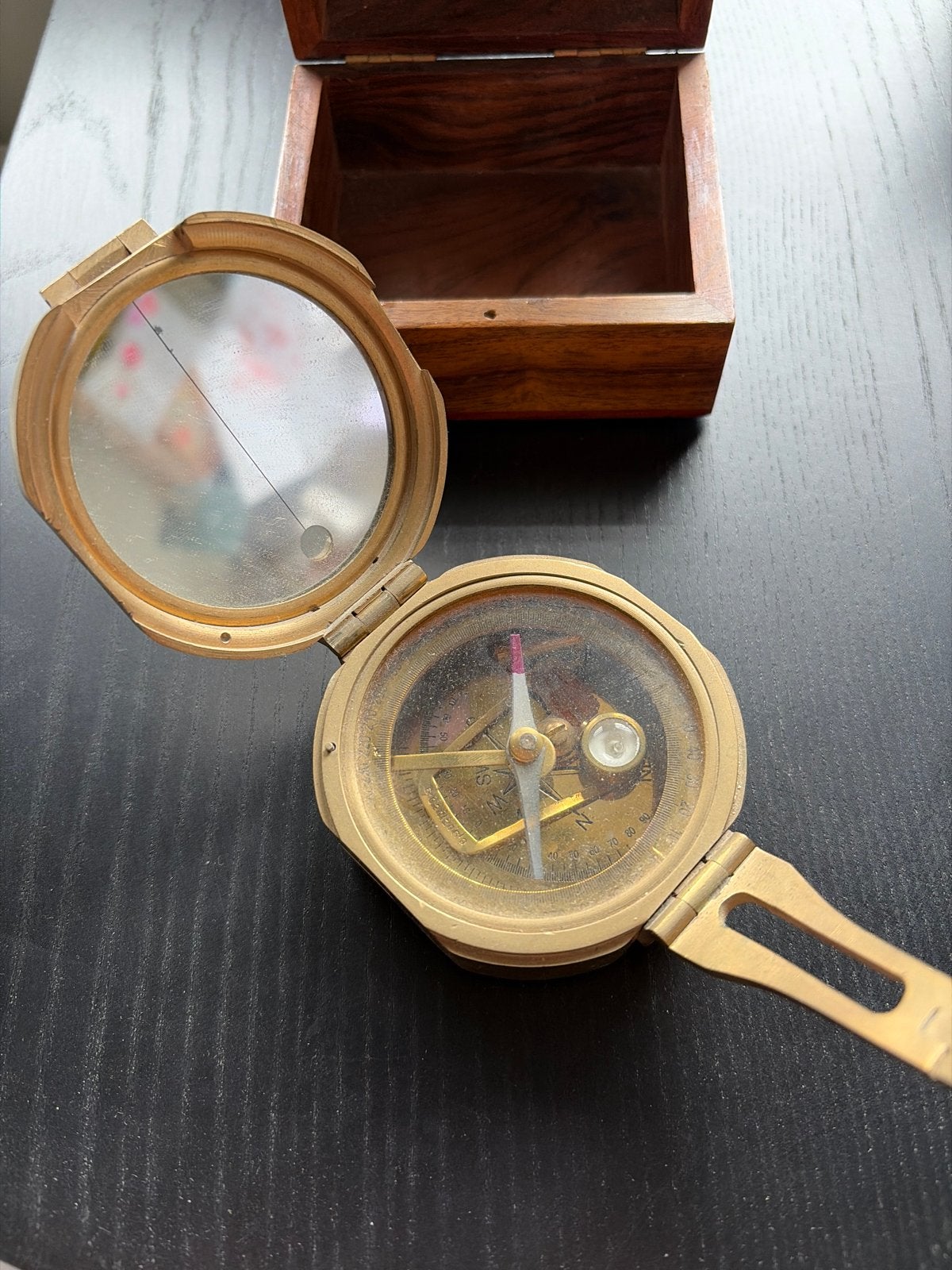 Antiek messing kompas met houten kistje, Ophalen of Verzenden