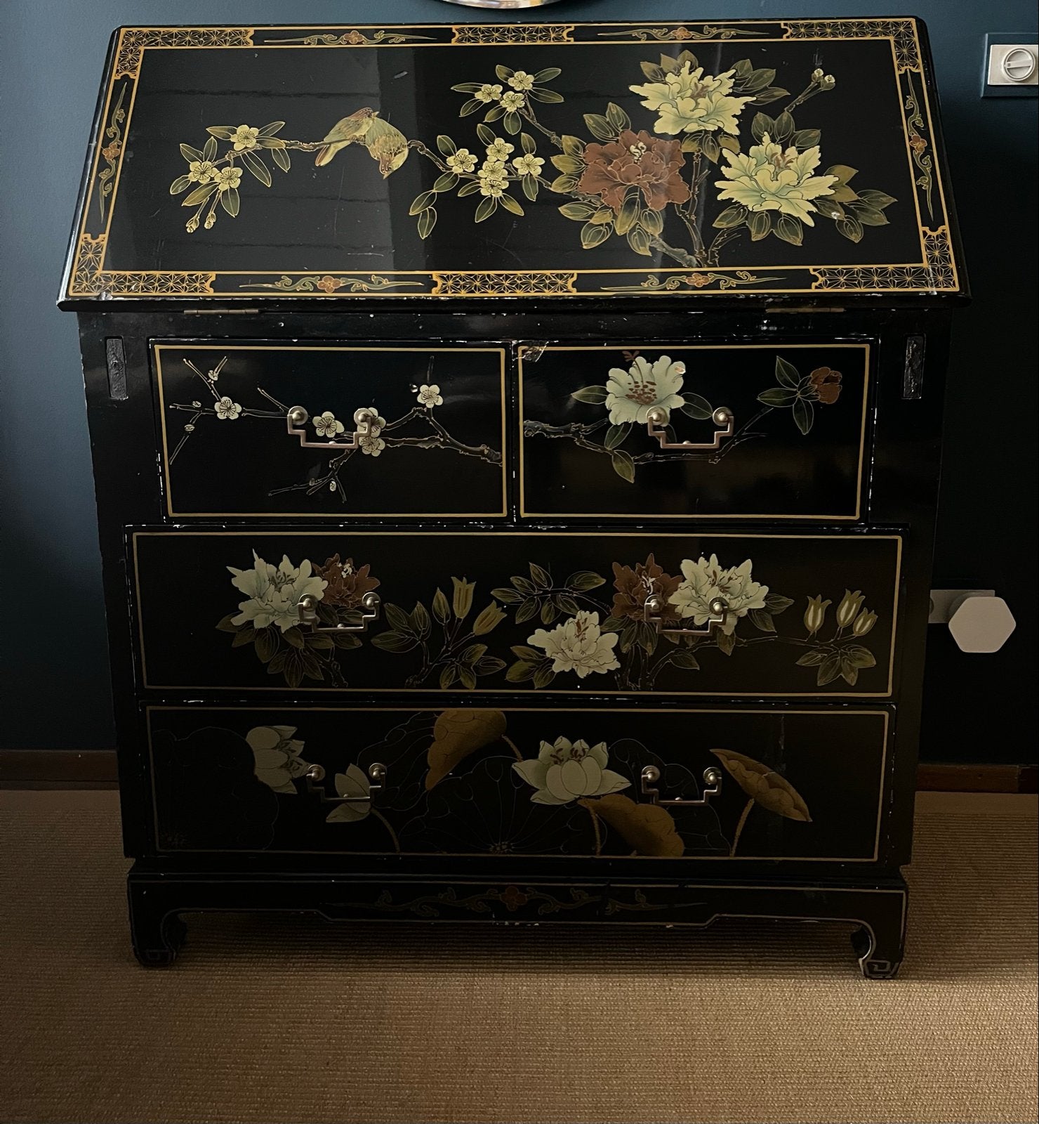 Antiek Chinees secretaire bureau met bloemen en vogels, Ophalen