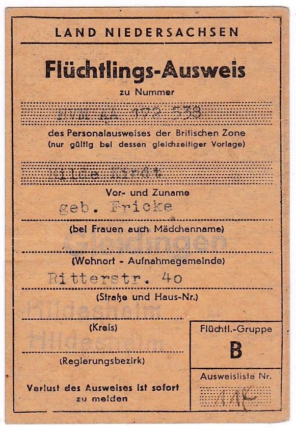 Fluchtlings-Ausweis-Hilde Kindt Gleidingen1949 (Britse Zone), Verzamelen, Verzenden, Overige soorten, Duitsland, Overige typen