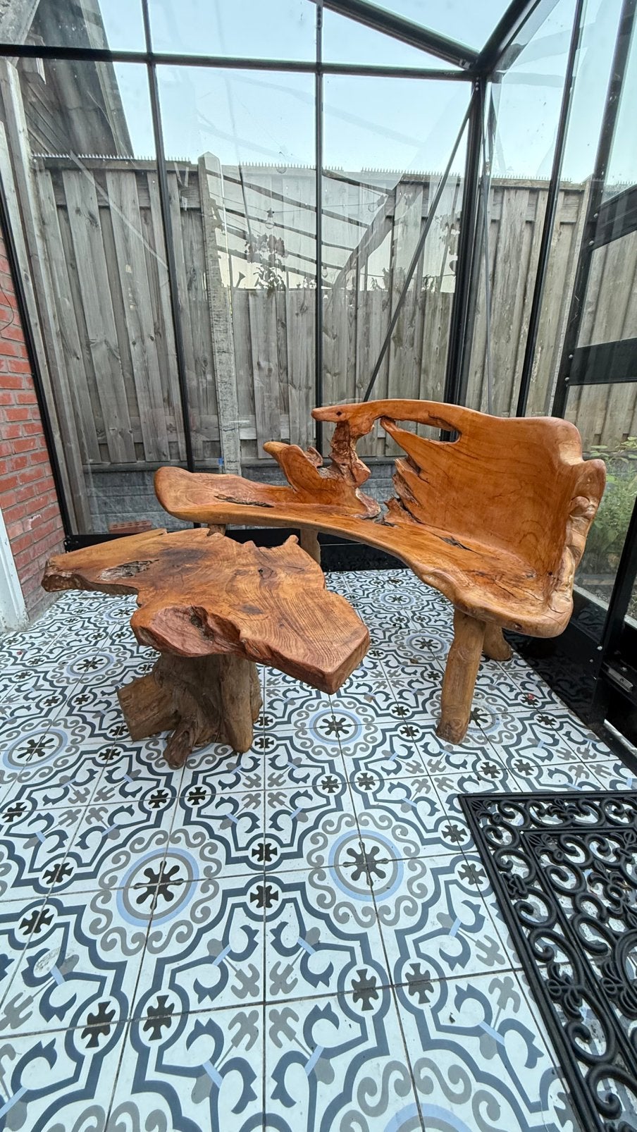 Organische tuinbank met tafel, Ophalen, Zo goed als nieuw, Teakhout