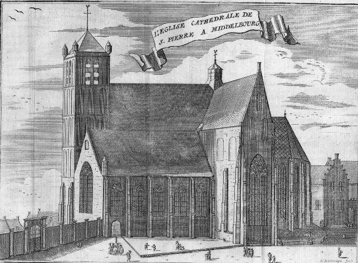 gravure Noordmonsterkerk Middelburg J. Harrewijn 1712, Antiek en Kunst, Verzenden, Architectuur, Gravure, Origineel