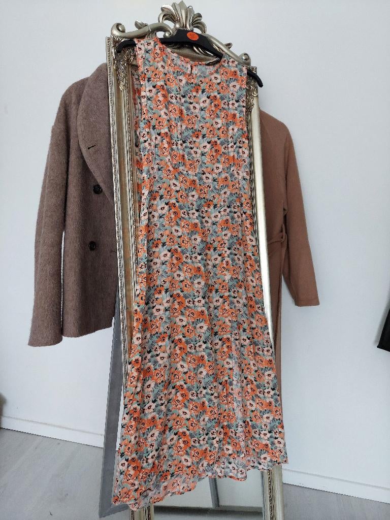Oranje turquoise groene midi jurk met bloemenprint maat 36, Verzenden, Oranje, Maat 36 (S), Gedragen