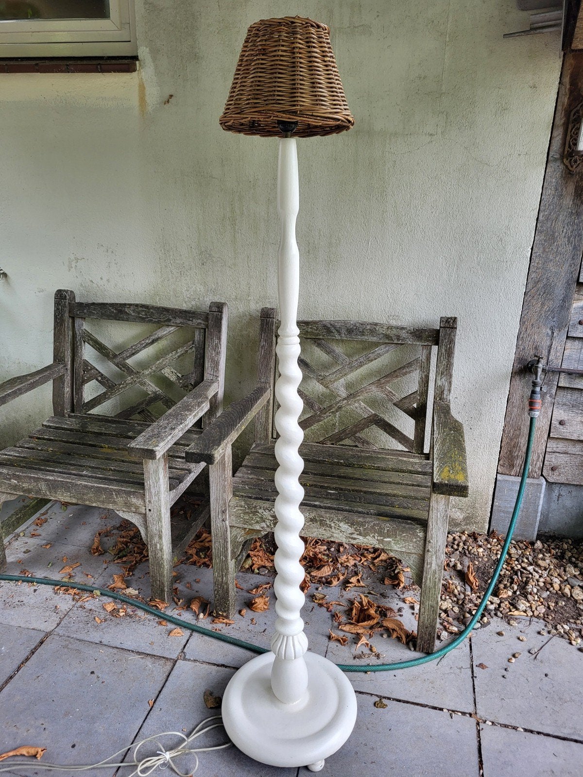 Crème-witte vloerlamp met rieten kap - 160 cm hoog, Ophalen, Gebruikt, E27 (groot), Landelijk
