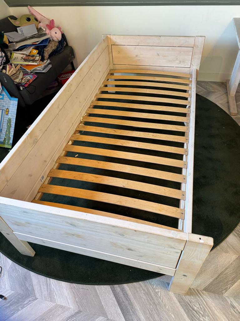 Life Time bed 200x90cm met of zonder hemel, kleur: whitewash, Ophalen, Gebruikt, 100 cm of meer, Lattenbodem