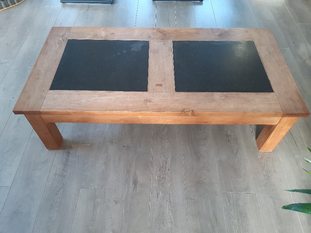 Salontafel Teak met natuurstenenblad, Huis en Inrichting, Tafels | Salontafels, Ophalen, Gebruikt, 100 tot 150 cm, Teakhout