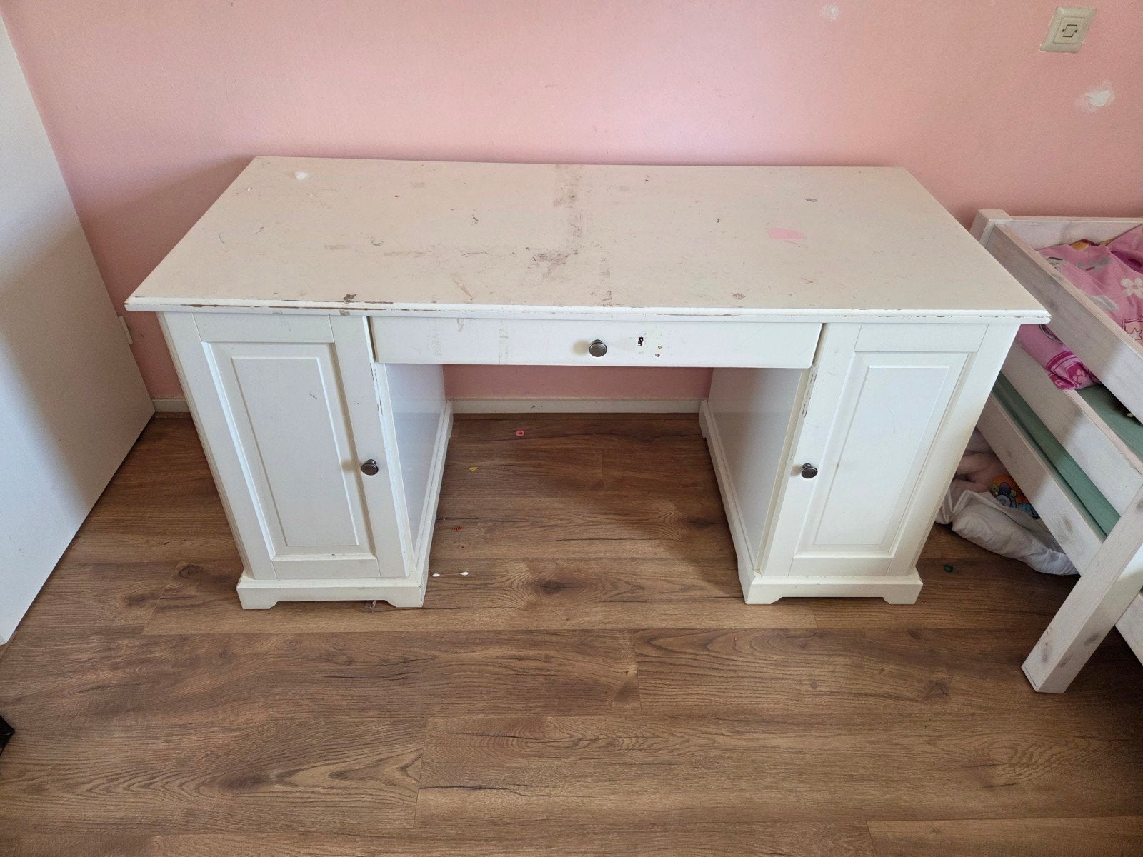 Wit houten bureau met opbergruimte Ikea, Ophalen, Met lades, Gebruikt, Hout