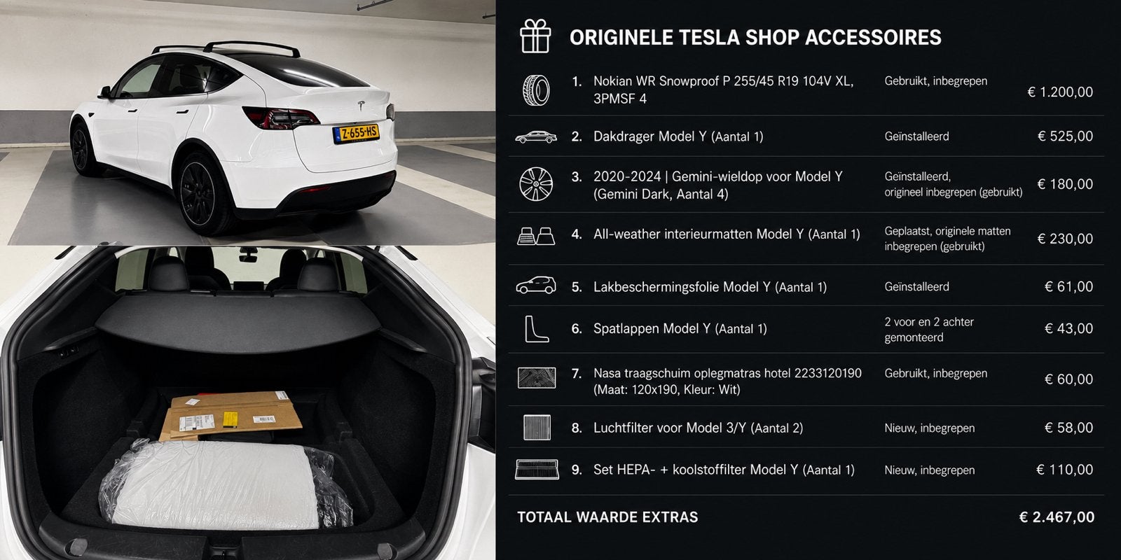 Tesla Model Y 2024 Wit | Winterbanden + Tesla Accessoires, Auto's, Tesla, Automaat, 375 min, Elektrisch, 1892 kg