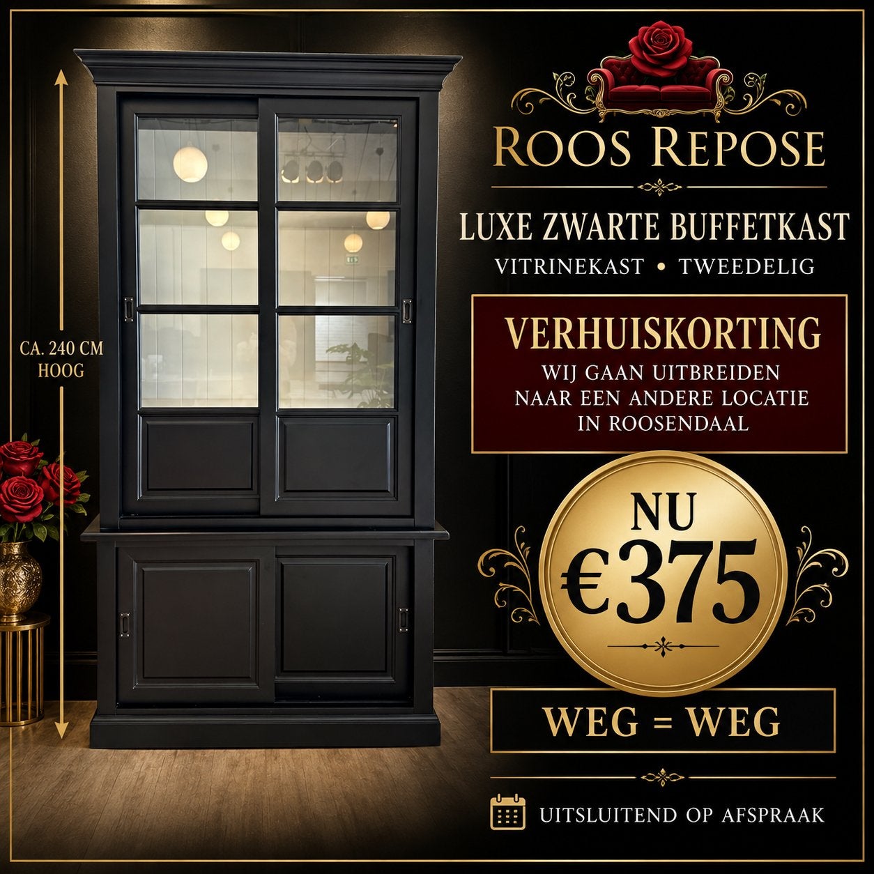 Prachtige Zwarte Luxe Buffetkast | Vitrinekast | Tweedelig
