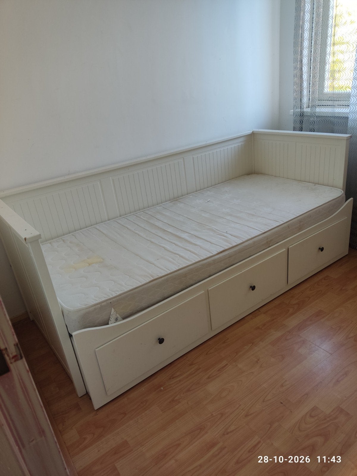 Ikea Hemnes bedbank met 3 lades en 2 matrassen, Ophalen, Wit, Tweepersoons, 80 cm