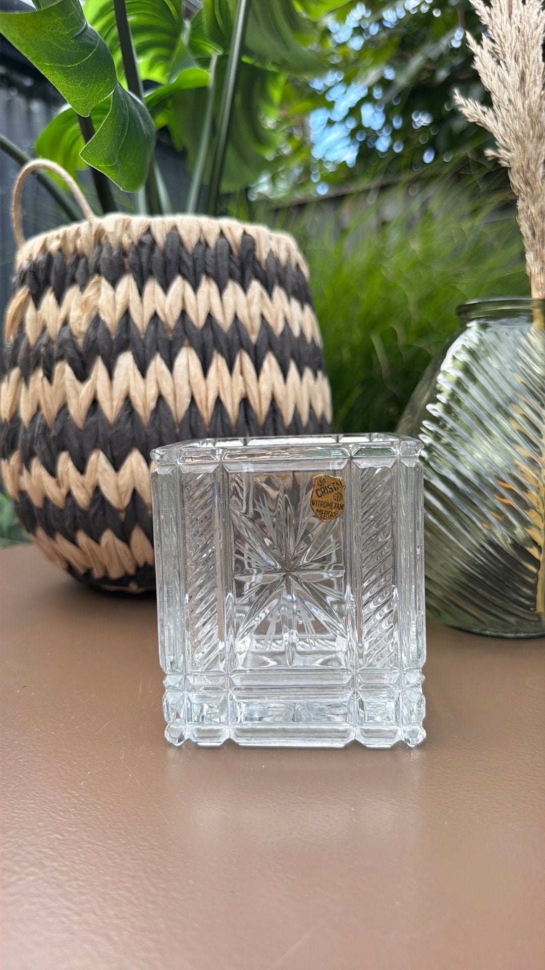 Vintage Kristallen Vierkante Vaas – Vitrometcom Mediaș, Ophalen of Verzenden, Zo goed als nieuw, Glas, Waxinelichthouder