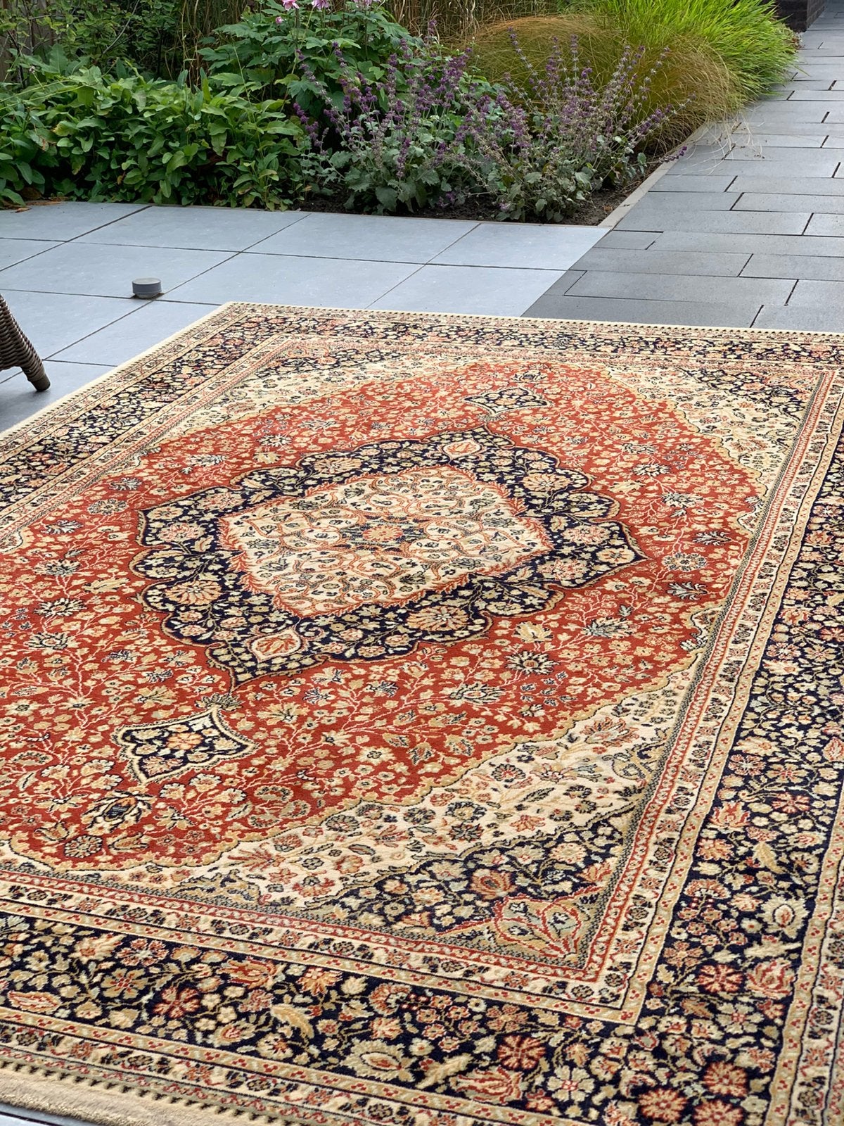 Prachtig Sfeervol Oranje Vintage Vloerkleed Zuiver Scheerwol, Ophalen, Blauw, Zo goed als nieuw, 200 cm of meer