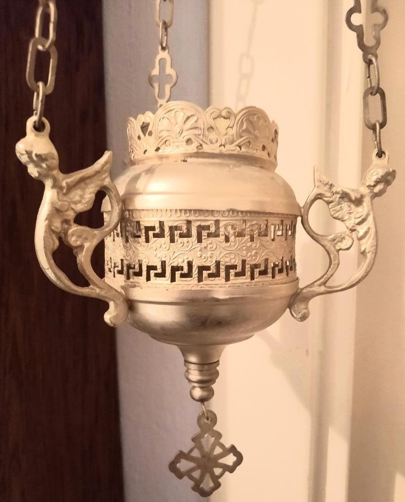 Antiek goudverguld koper godslampje met engelen kopjes, Ophalen of Verzenden, Gebruikt, Glas