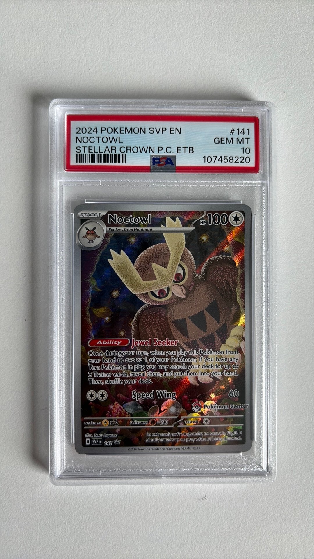 Pokemon Noctowl pokemon center PC promo stellar crown psa 10, Ophalen of Verzenden, Zo goed als nieuw