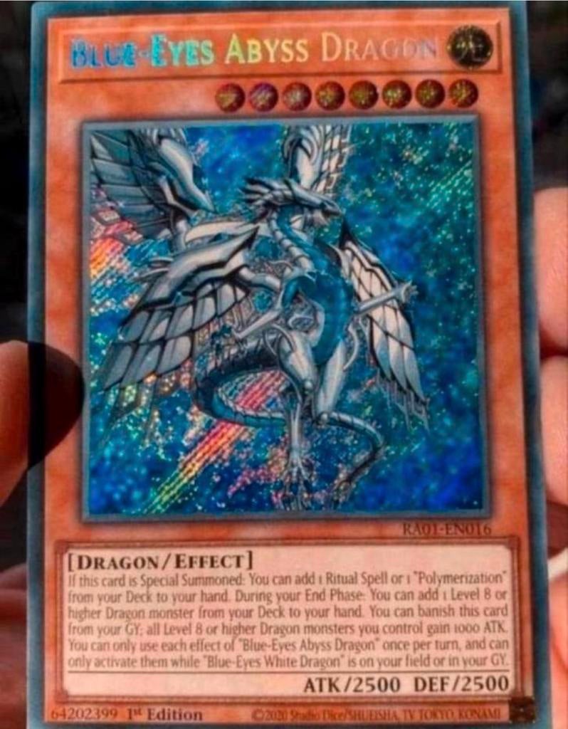 Yu-Gi-Oh! Blue Eyes Abyss Dragon RA01 1st Ed M/NM !, Ophalen of Verzenden, Zo goed als nieuw, Losse kaart, Foil
