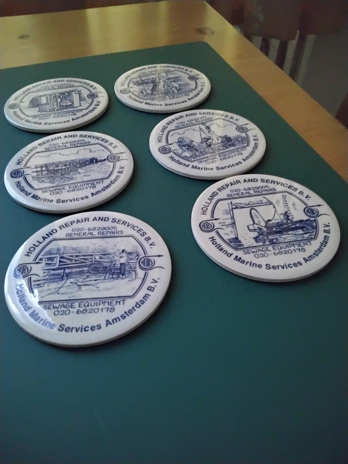 Vintage Holland Marine Services Onderzetters (6 stuks), Gebruikt, Steen/keramiek, Glasonderzetter, Meerkleurig