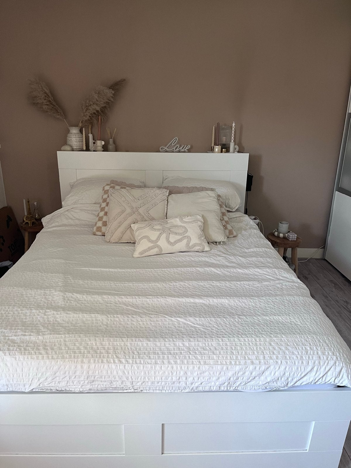 IKEA BRIMNES Tweepersoonsbed 160x200 met lades en hoofdeinde, Huis en Inrichting, Slaapkamer | Bedden, Ophalen, Gebruikt, Wit