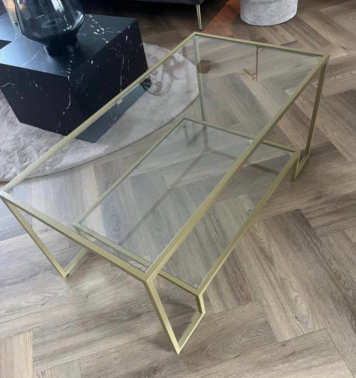 Salontafel goud met glas NIEUW, Ophalen, 50 tot 100 cm, Zo goed als nieuw, Metaal