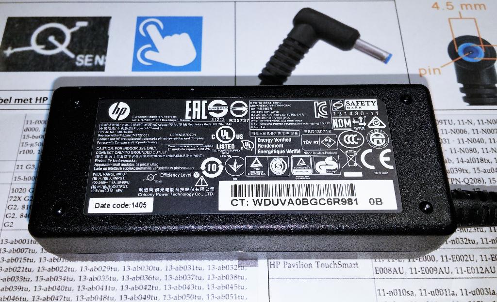 HP 741727-001 19.5V 2.31A 45W Adapter Lader Oplader Kabel, Ophalen of Verzenden, Zo goed als nieuw, Hewlett Packard HP