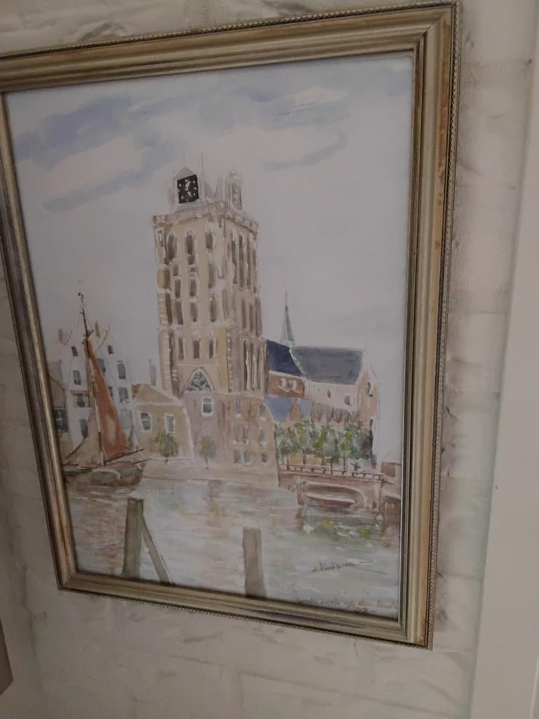 Aquarel Dordtse Dom - Grote Kerk Dordrecht 30x40 cm, Antiek en Kunst, Ophalen