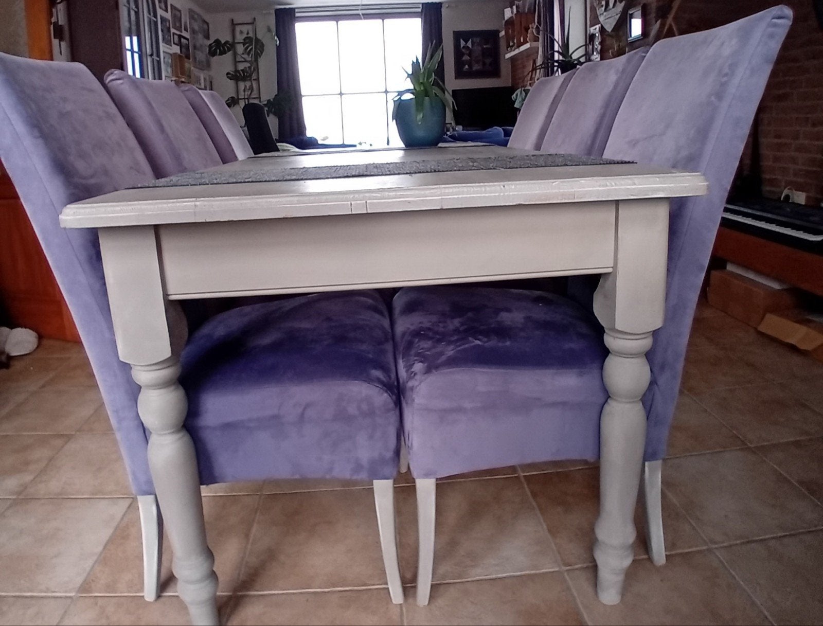 Elegante eettafel met 6 blauwe stoelen, Huis en Inrichting, Ophalen, Gebruikt, Overige materialen, 100 tot 150 cm
