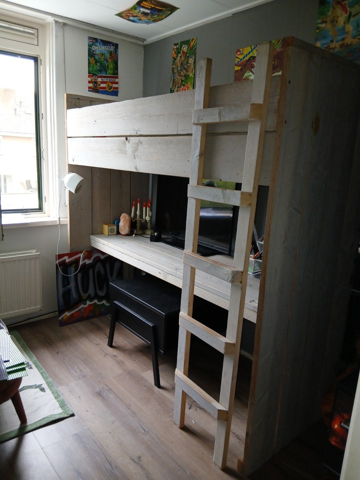 Steigerhouten bureau met bedombouw - uniek en robuust, Ophalen, Opbergruimte, Gebruikt, Hout