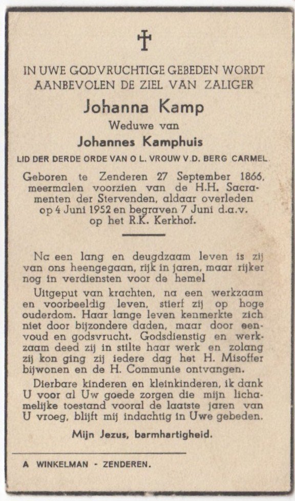 Johanna Kamp 1866 Zenderen + 1952 Zenderen, 85 jaar oud, Ophalen of Verzenden