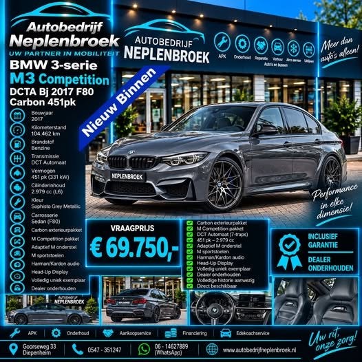 BMW 3 Serie M3 Competition DCTA Bj 2017 F80 Carbon 451pk Vol, Auto's, Automaat, Dealer onderhouden, Achterwielaandrijving, Gebruikt