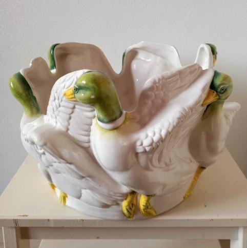 Prachtige vintage XXL plantenpot / bloempot met 3D eenden, Tuin en Terras, Rond, Binnen, Ophalen of Verzenden, Zo goed als nieuw