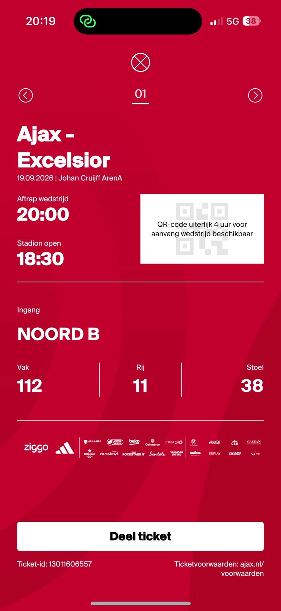 Ajax - Excelcior 1 ticket vak 112, Eén persoon, Augustus