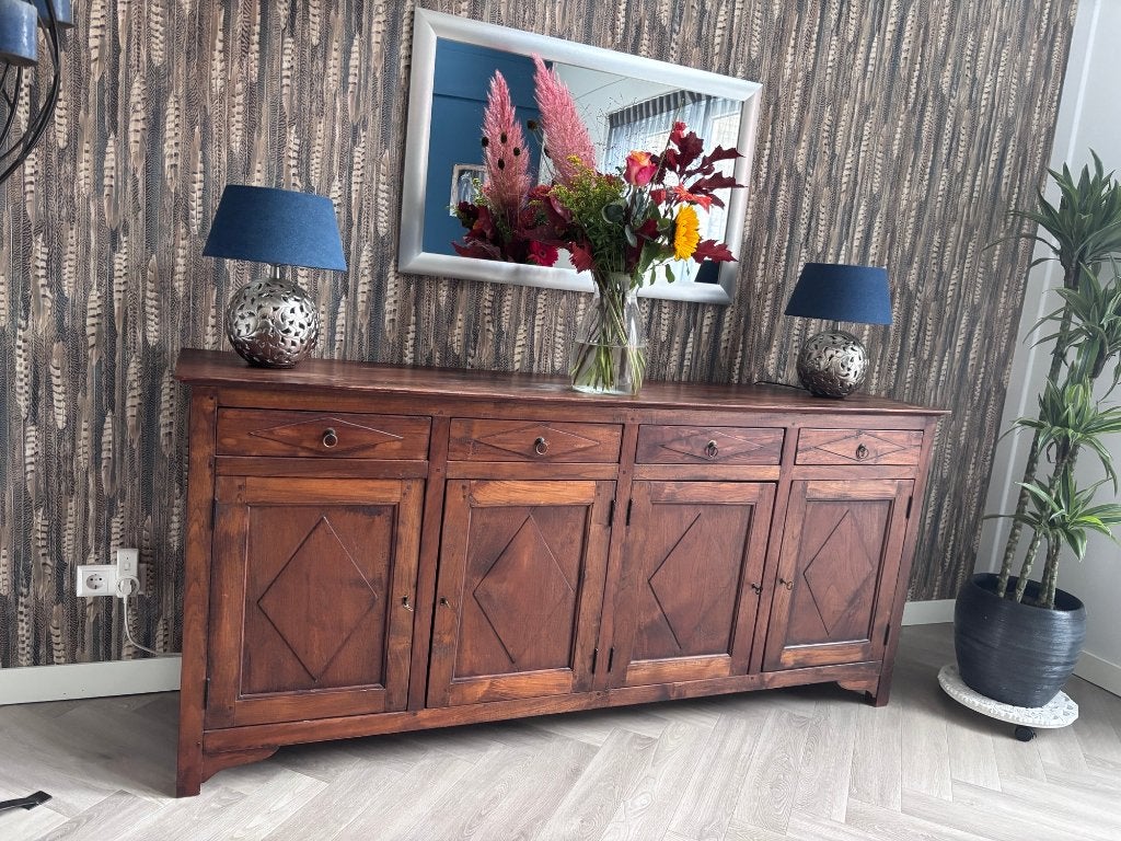 Massief houten dressoir met lades en deuren, Huis en Inrichting, Ophalen, Gebruikt, Koloniaal, Teakhout