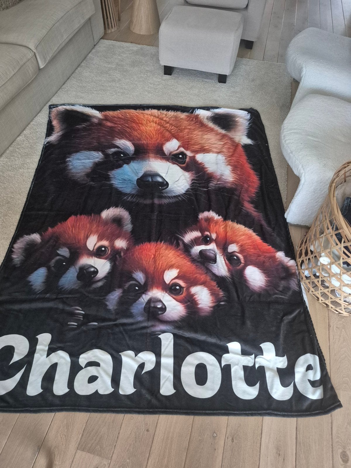 Superzachte fluweel/fleece deken met rode panda's en naam, Fleecedeken, 200 cm, Nieuw, Wasbaar