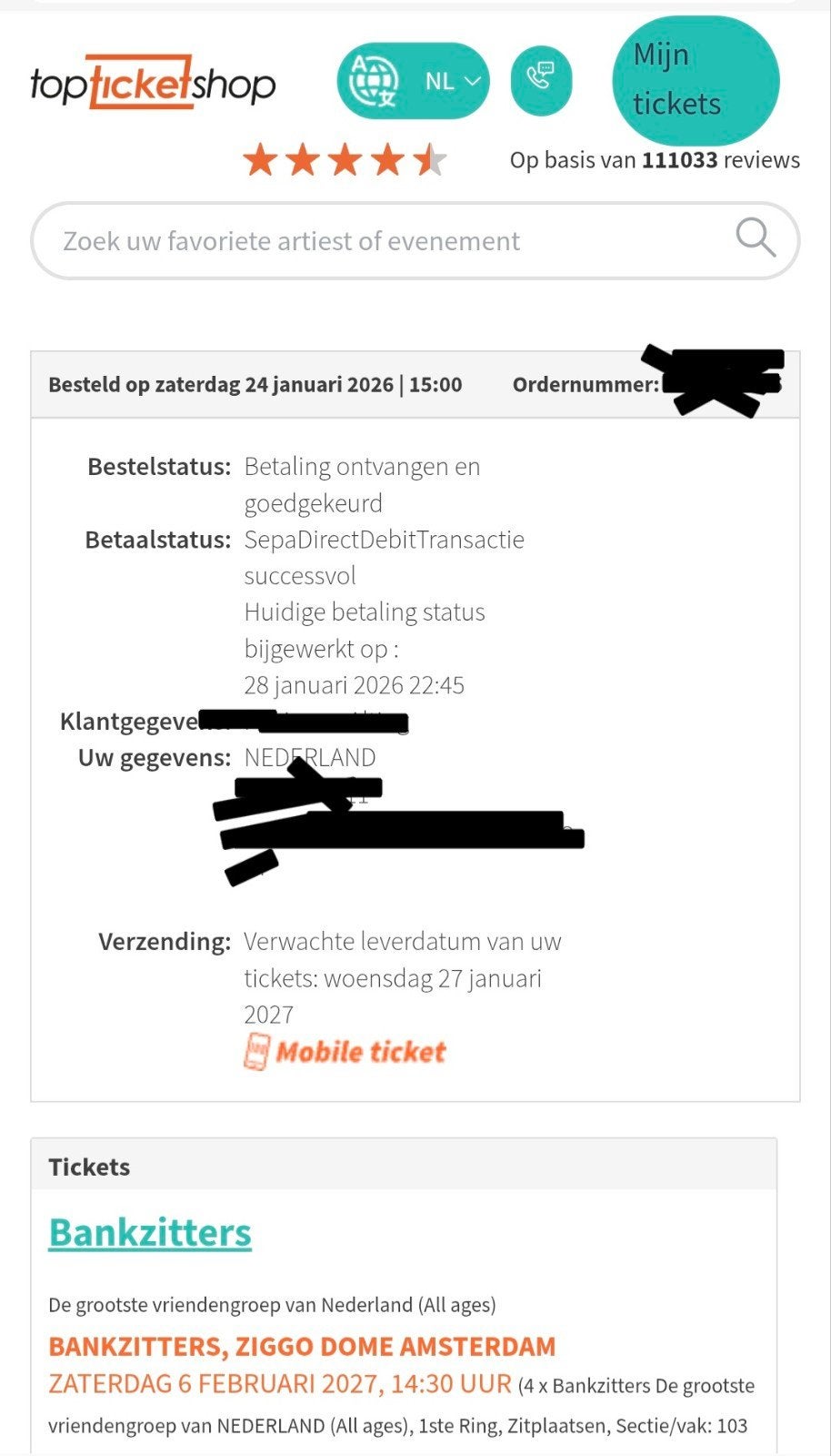 4 tickets bankzitters, Drie personen of meer, Februari
