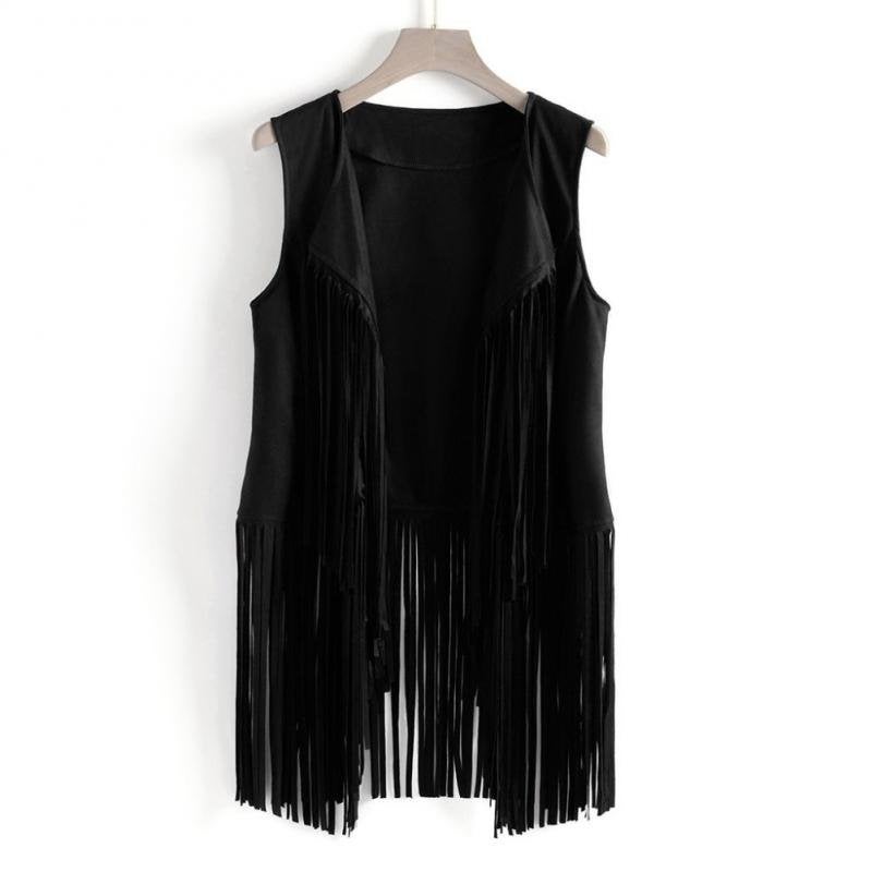 Dames zwart mouwloos vest met franjes / cowboy cowgirl motor, Verzenden, Nieuw, Maat 38/40 (M), Zwart
