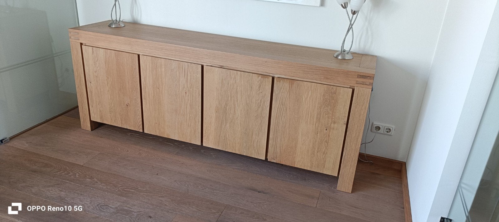 Eiken dressoir 4 deuren, Ophalen, Zo goed als nieuw, 25 tot 50 cm, 200 cm of meer