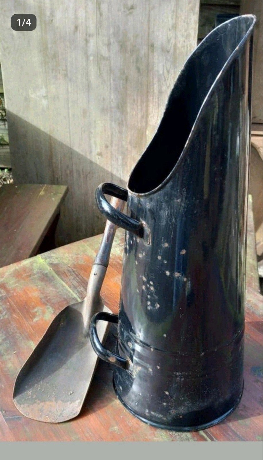 Antieke geëmailleerde kolenkit met schep, Ophalen of Verzenden