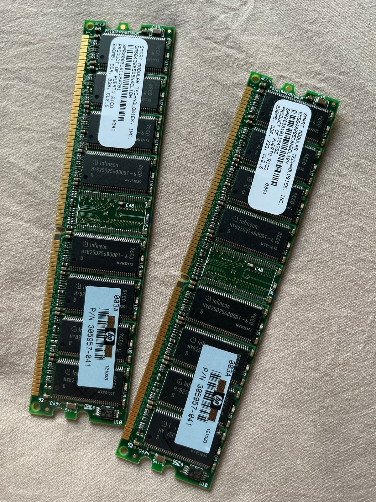 HP Smart Modular 256 MB DDR333 (2 stuks) PC2700 RAM, Computers en Software, RAM geheugen, Ophalen, DDR, Desktop, Gebruikt