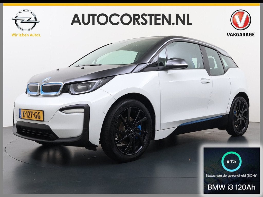 BMW i3 Executive Edition 120Ah 42kWh SOH 94% Warmtepomp Two-, Auto's, BMW, Automaat, Gebruikt, Zwart, 43 €/maand