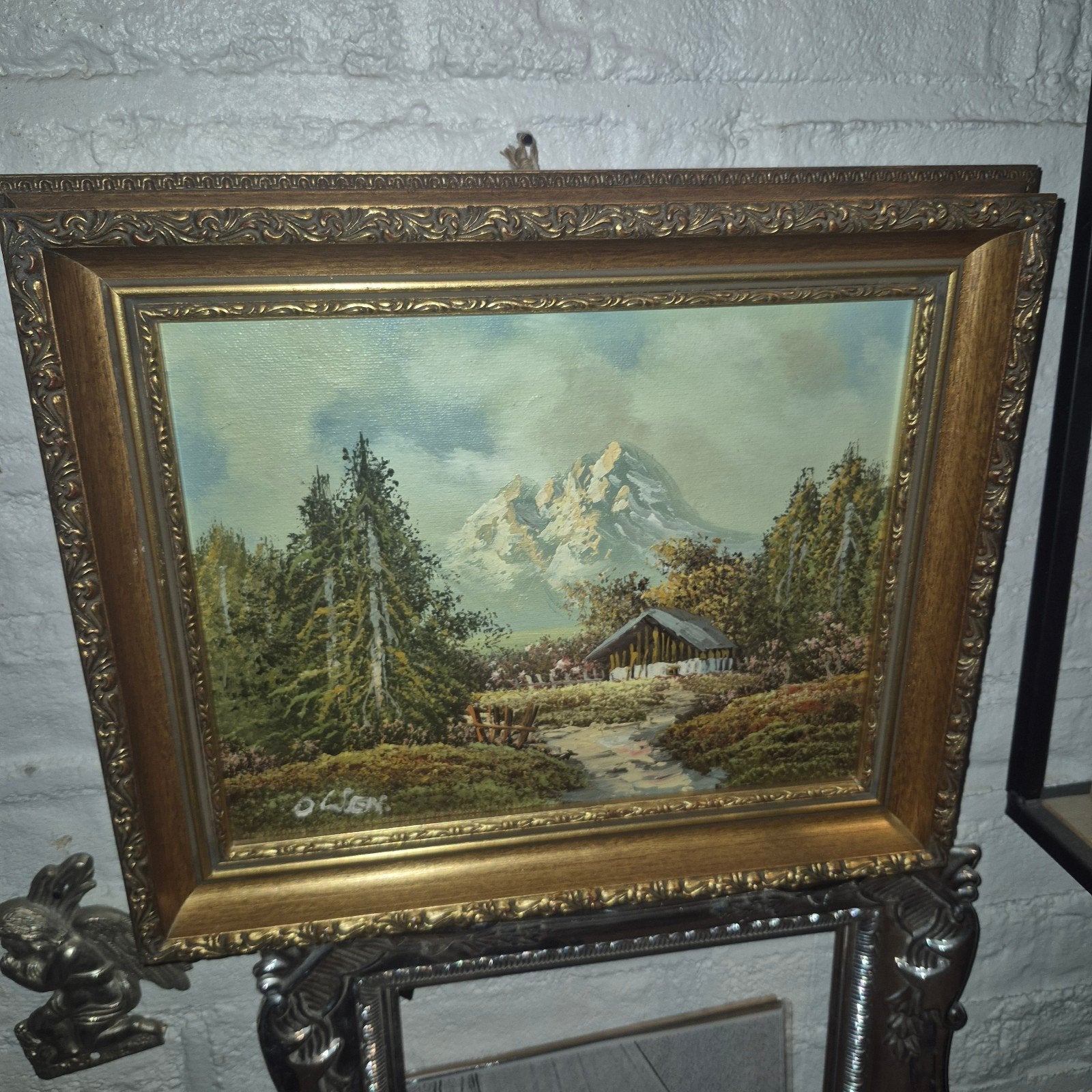 Schilderij berglandschap met hut en bomen, gesigneerd O. Wen, Ophalen of Verzenden