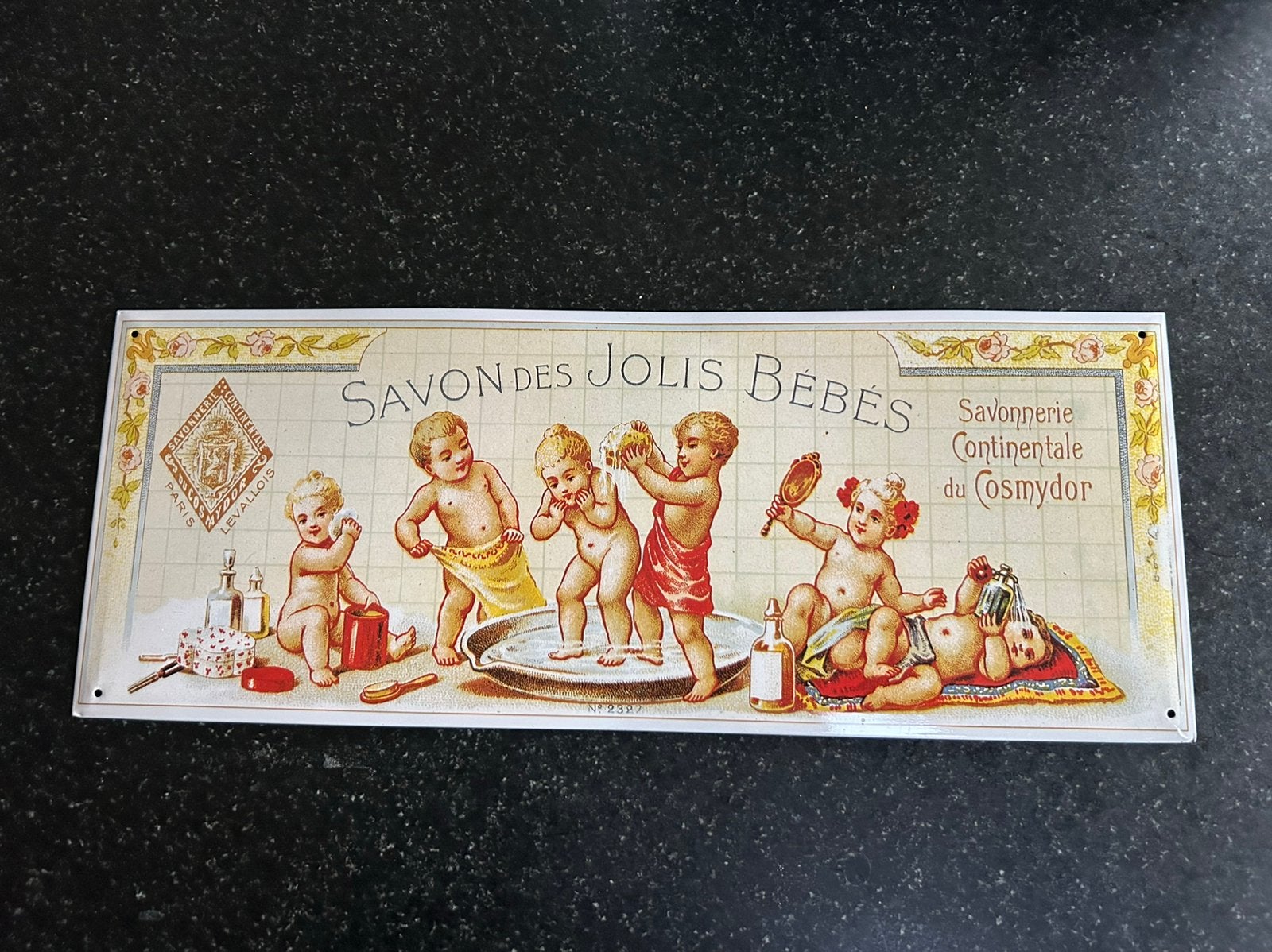 Emaille metalen reclamebord Savon des jolis bébés zeep, Ophalen of Verzenden, Gebruikt, Reclamebord