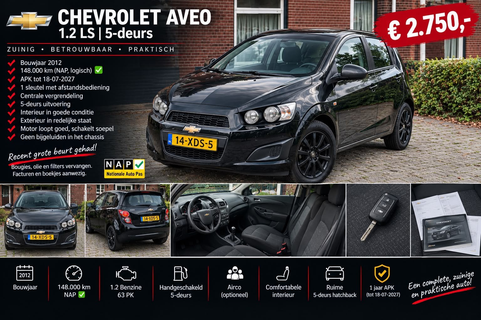 Chevrolet Aveo 1.2 5-DEURS 2012 Zwart, Stof, 40 €/maand, Aveo, 4 cilinders