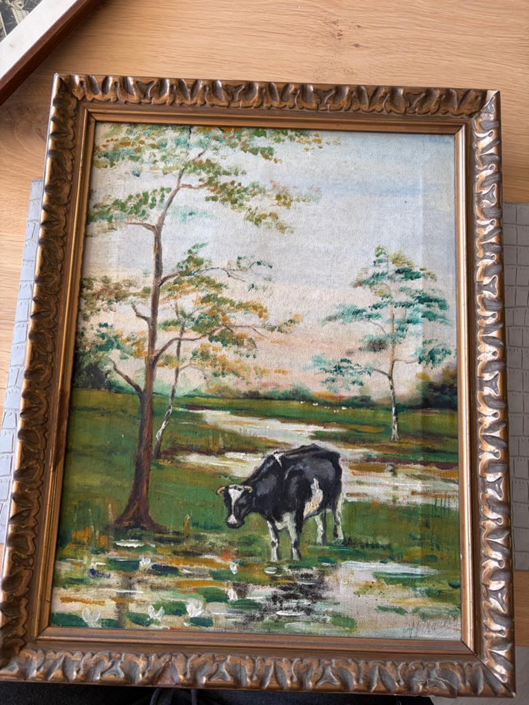 Oud schilderij met koe in landschap, gesigneerd, Antiek en Kunst, Kunst | Schilderijen | Klassiek, Ophalen